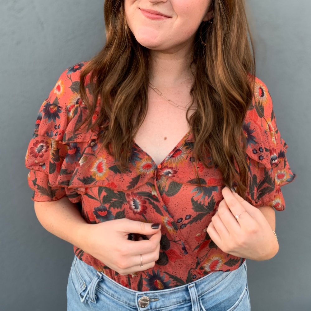 Floral V-Neck Ruffle Top - Orange